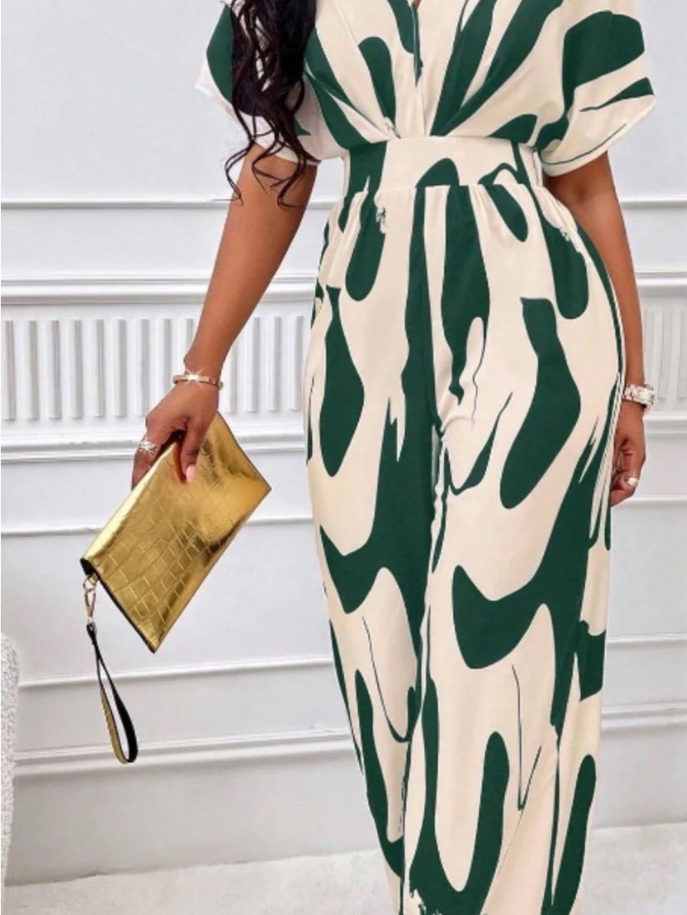 Cream & Forest Green Abstract Print Jumpsuit